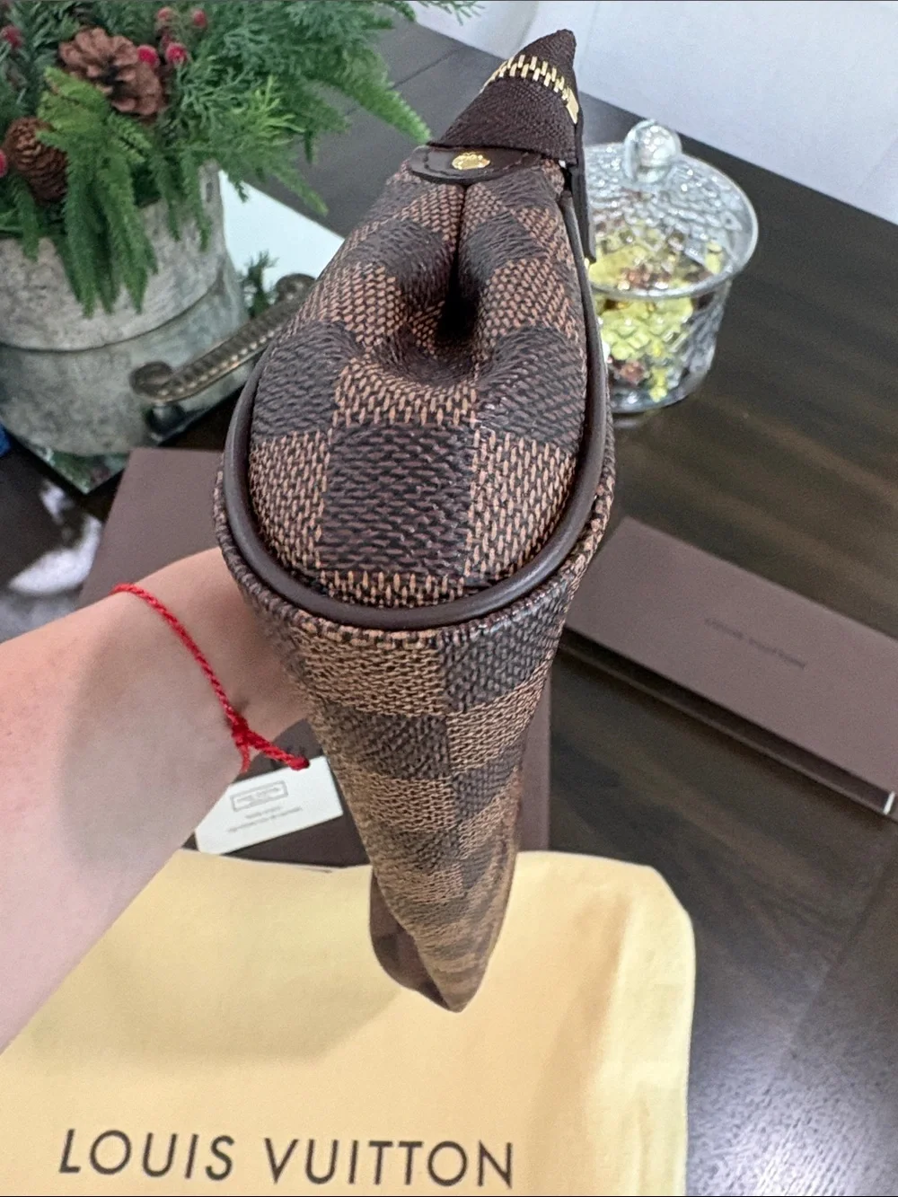 Louis Vuitton Eva Brown Damier Ebene Chain Wristlet Clutch with Gold Plaque